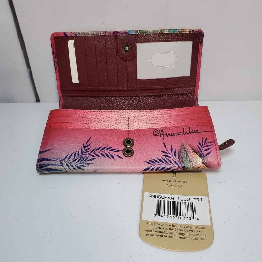 *SOLD* Anuschka Tropical Paradise Accordion Flap RFID Leather Bifold Wallet - Picture 5 of 9